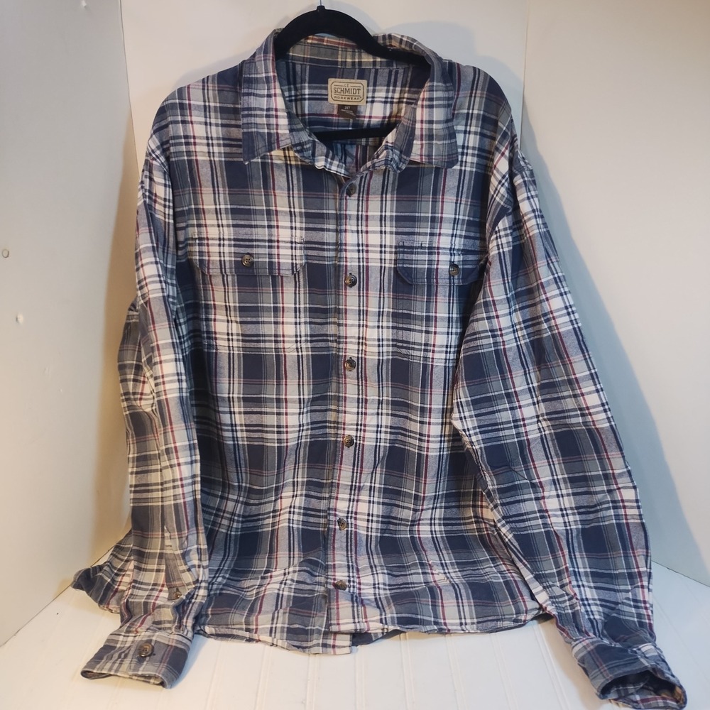 C.E. Schmidt Workwear Mens 2XT Blue Plaid Flannel Button Up Shirt Long Sleeve